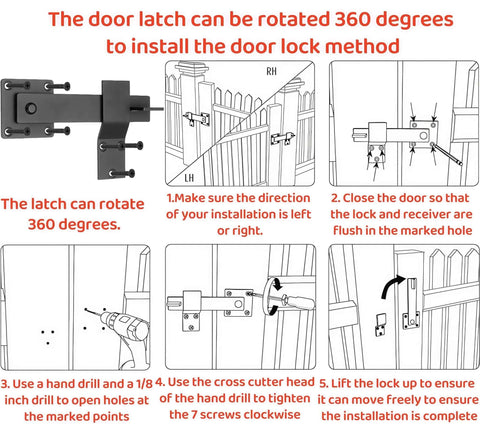 Installation guide for Heavy Duty 6 Inch Barn Door Flip Latch For Sliding Doors And Gates, showing step-by-step procedure and latch features.
