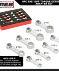 8-Piece SAE 12-Point Box End Torque Adapter Extension Set, 3/8-Inch Drive, EVA Foam Tray, Chrome Vanadium Steel, sizes 5/16 to 3/4 inch.