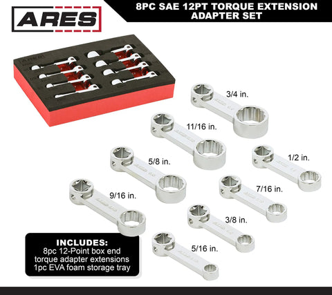 8-Piece SAE 12-Point Box End Torque Adapter Extension Set, 3/8-Inch Drive, EVA Foam Tray, Chrome Vanadium Steel, sizes 5/16 to 3/4 inch.