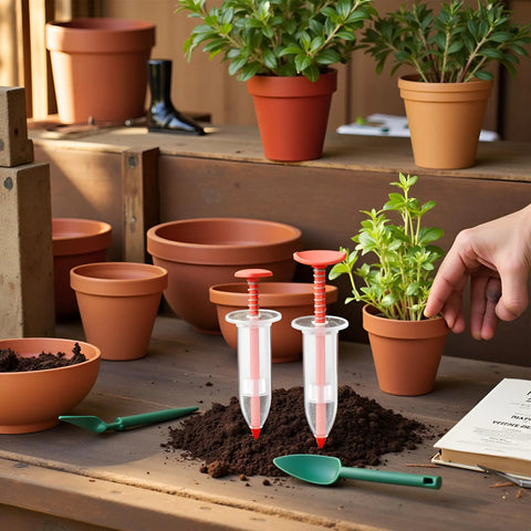 Six Pack Mini Seed Spreaders With Dibber Handheld Seed Planter Tools for precise garden planting in pots and raised beds.