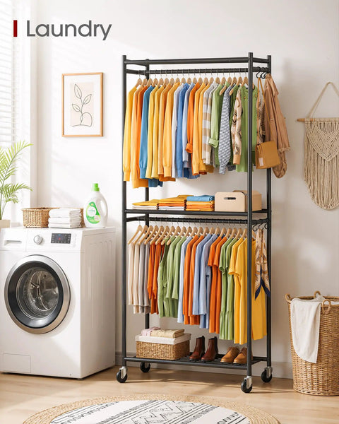 Top Shelf Metal Clothes Rack With Smooth Rolling Wheels And Hella Roomy Mesh Shelving No Sweat Build Rock Solid Garment Stand With Side Hooks For Bedroom Laundry Or Balcony Black