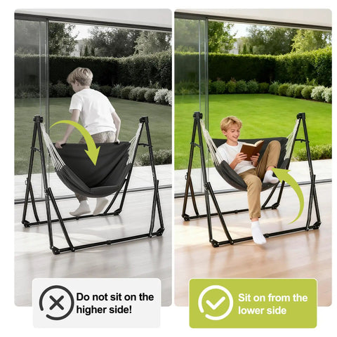 Two In One Hammock And Swing Chair For Teens With Adjustable Folding Stand in use showing correct and incorrect seating positions