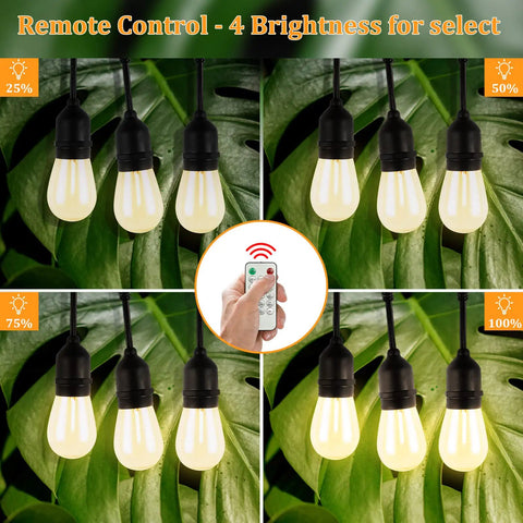 60 Foot Outdoor String Lights With Three Color In One Dimmable LED String Lights Remote Control Waterproof Patio Hanging Lights For Backyard Garden Cozy Backyard Vibe 2700K 4000K 5000K hung among green leaves, with remote control for brightness.