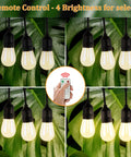 Solar String Lights Outdoor 100ft 2x50ft dimmable remote color settings; bulbs at 25% to 100% brightness against leaves.