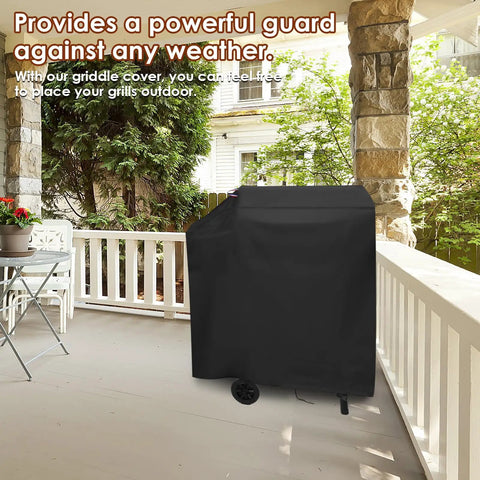 Custom Fit 35 Inch Grill Cover for DNKMOR Barrel Charcoal Grill with side table on patio protecting grill from weather