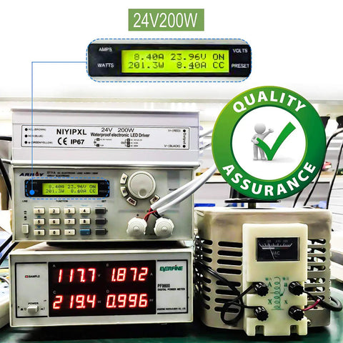 Heavy Duty 200W 24V DC LED Driver Power Supply Waterproof IP67, testing equipment and quality assurance badge