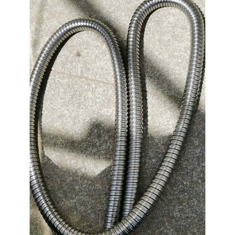 Heavy Duty Workhorse 304 Stainless Steel Corrugated Tube Flexible Metal Cable Conduit Wrap for Electrical Wiring and Plumbing Fixtures Tough As Nails Armor Sleeving One Meter Long Silver Finish on textured surface.