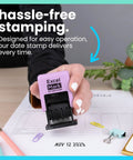 No Sweat Self Inking Date Stamp For Fast Shipping Receiving And Inventory Tracking Clean Black Ink With Easy Twist Dials For Expiration Checks And Reliable Violet Mount in use on document.