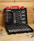 Open case of All In One 318 Piece Drilling And Driving Kit With Color Coded Bits High Speed Steel And CRV Bits for home use on workbench.