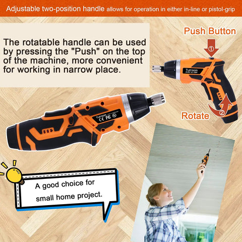 Cordless Electric Screwdriver 3.6V Rechargeable with 2000mAh Battery, two position handle for 90 to 180 degree use, DIY project use