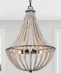 Farmhouse Boho Chandelier With Handmade Wood Beads For Dining Room Or Living Room, Natural Solid Wood Beads In White Distressed Finish, Three Light Fixture With Cozy Boho Vibe, 15.5 Inch Diameter, 22 Inch Height.