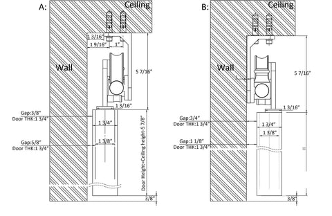 Technical diagram of Beefy 6 Foot Ceiling Mount Sliding Barn Door Hardware Kit with measurements and top mount rollers.