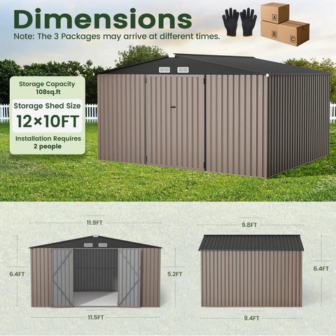 12 By 10 Ft Outdoor Metal Storage Shed For Backyard And Patio, Heavy Duty Garden Shed With Reinforced Side Walls And Modern Frame