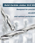 Close-up of one eighth inch solid carbide jobber drill bits with straight shank and 118 degree point for stainless steel copper and hard plastics two piece set premium tungsten carbide bits.