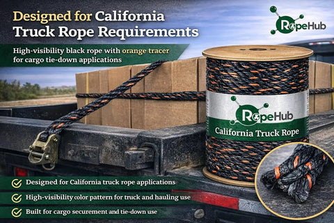 Heavy Duty Truck Rope For Cargo Securement And Tie Downs With Twisted 3 Strand Polypropylene Black With Orange Tracer shown on a trailer