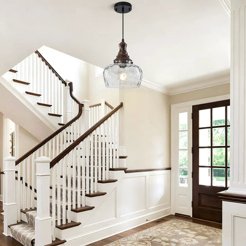 Vintage Glass Pendant Light Kitchen Island with Walnut Wood 9.8in hanging elegantly in a bright entryway with stairs.