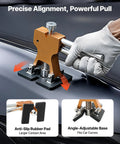 Paintless Dent Removal Kit With 60 Pieces Including Dent Lifter Bridge Puller Rubber Hammer Glue Gun And 24 Puller Tabs For Auto Body Hail Damage Repair And Door Dings on Cars and Refrigerators, showing lifter tool on car surface with anti-slip pads and adjustable base.