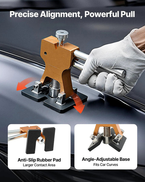 Paintless Dent Removal Kit With 60 Pieces Including Dent Lifter Bridge Puller Rubber Hammer Glue Gun And 24 Puller Tabs For Auto Body Hail Damage Repair And Door Dings on Cars and Refrigerators, showing lifter tool on car surface with anti-slip pads and adjustable base.