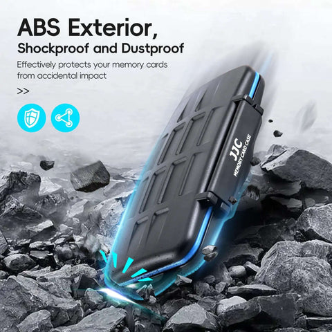 Heavy Duty Memory Card Case Organizer Holding 4 Cfast 8 Sd And 16 Microsd Cards With Beater Proof Abs Shell and sleek design on rocky terrain.
