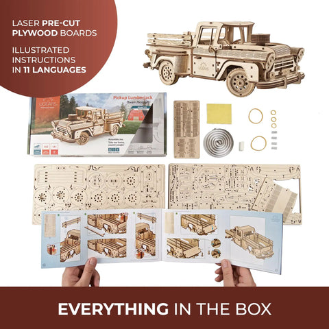 Chevrolet 3100 Inspired Wooden 3D Puzzle Car Kit For Adults With Spring Motor Pickup Lumberjack Model mechanical wood parts and instructions