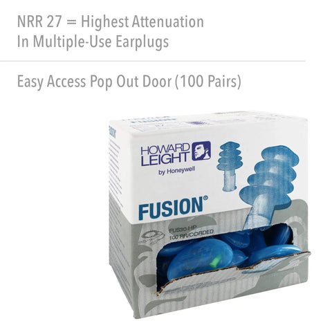 Box of Fusion Corded Reusable Earplugs With Dual Material Construction for Superior Comfort with FlexiFirm Core, 100 pairs
