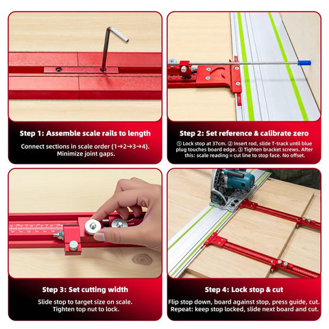 Image showing steps to use Go Ahead And Nail Those Perfect Board Cuts With This Premium Complete Track Saw Parallel Guide System Extending 0 To 68 Inches Featuring Micro Adjustable Flip Stops.