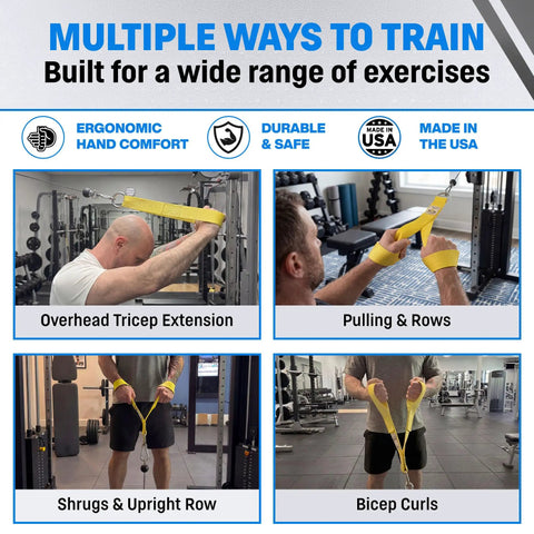 Heavy Duty Cable Machine Strap Attachment for Upper Body Training with ergonomic soft strap shown in gym exercises.