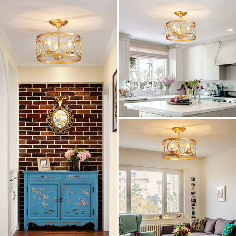 3 Light Farmhouse Semi Flush Mount Ceiling Light With Gold Finish For Kitchen Hallway Living Room And Bedroom in use