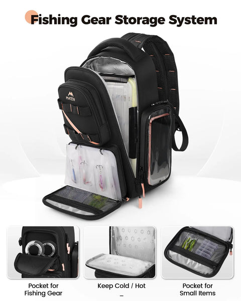 Women's Fishing Sling Bag With Lure Rod Holder And Phone Pouch Waterproof 3600 Tackle Backpack With Removable Bait Binder displayed open