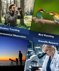 Collage showing telescope camera eyepiece use in bird watching, astronomical observation, hiking, and scientific research.