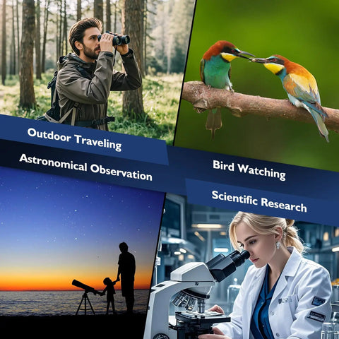 Collage showing telescope camera eyepiece use in bird watching, astronomical observation, hiking, and scientific research.