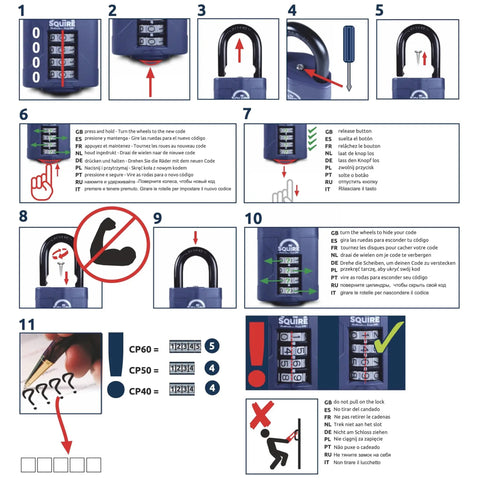 Instructional diagram for Beefy 4 Wheel Combination Padlock With Hardened Steel Shackle And Alloy Lock Body Weatherproof For Home Shed