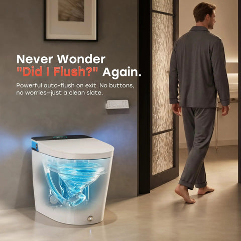 Sleek Sensor Activated Smart Toilet With Built In Bidet Pump And Self Cleaning Deodorizer Featuring Heated Seat And Smooth Flushing Action, shown with auto-flush feature.