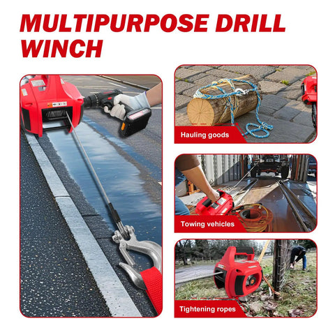 Portable Drill Winch 1500 Pound Capacity With 40 Foot Steel Cable And 360 Degree Swivel Hook No Install Needed Ready To Pull With Your Cordless Drill For ATV UTV Trailer Loading Lawn Tractor Towing Heavy Lifting And Dragging