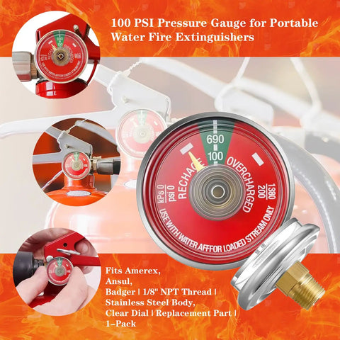 Four Pack Top Shelf Water Fire Extinguisher Pressure Gauge Featuring Badass Stainless Steel Construction And Dead Nuts One Hundred Psi Monitoring Shows Crisp Clear Dial Backed By A Bright Green Safety Zone For Rapid Checks When Quality Gear Matters