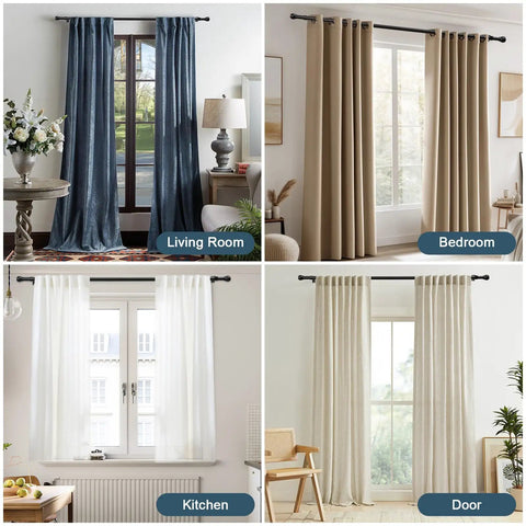 Telescoping Curtain Rod For 66 To 120 Inches With 1 Inch Steel Rod Holds Up To 50 Pounds No Fuss Easy Install Brackets Included showcased in different rooms.