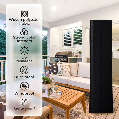 Heavy Duty Patio Heater Cover Built From Oxford Fabric Weather Resistant Waterproof Dust Proof Snow Proof Wind Proof With Zipper And Storage Bag Pyramid Style next to patio furniture indoors.