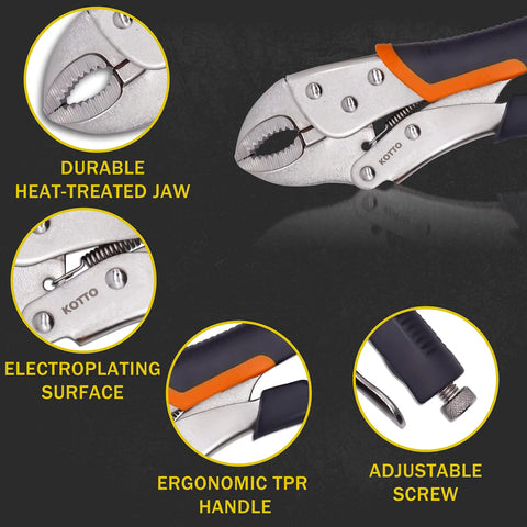 Five Pack Locking Pliers Set With Curved Jaw And Long Nose Precision Grips In 5 Inch 7 Inch 9 Inch And 10 Inch Sizes with adjustable grip