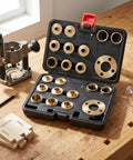 Badass Solid Brass Router Template Guide Set With Eight Precision Bushings and Hammer Tight Lock Nuts on workbench.