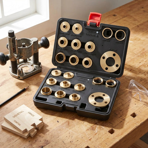 Badass Solid Brass Router Template Guide Set With Eight Precision Bushings and Hammer Tight Lock Nuts on workbench.
