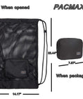Mesh Snorkel Gear Bag With Drawstring Lightweight Beach Backpack showing open and packaged sizes