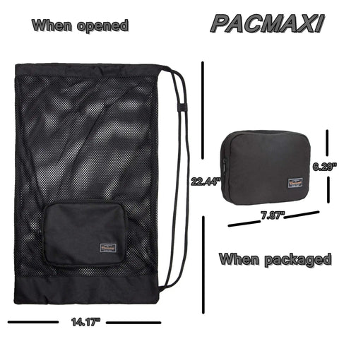 Mesh Snorkel Gear Bag With Drawstring Lightweight Beach Backpack showing open and packaged sizes
