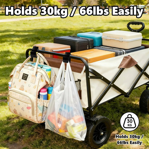 Side view of a wagon with Wagon Side Hooks Upgrade Heavy Duty 30Kg Capacity Must Have Two Pack For All Wagons Stroller Hooks holding bags.