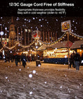 Festive outdoor scene with Beefy 50ft 12 Gauge Outdoor Extension Cord With Eleven Outlets in snowy market setting