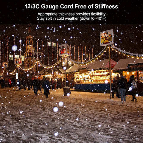 Festive outdoor scene with Beefy 50ft 12 Gauge Outdoor Extension Cord With Eleven Outlets in snowy market setting