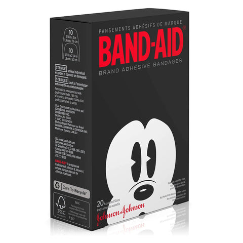 Fun Mickey Mouse Themed Bandage Set For Kids with 20 count of assorted adhesive strips easy on skin and easy to peel box