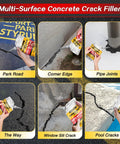 Kick Cracks To The Curb With Hardened Asphalt Crack Sealant Self Leveling Concrete Filler Waterproof Driveway Patch Repair Patio Walkway Joint Sealer Five Pound Pack applied on various concrete surfaces.