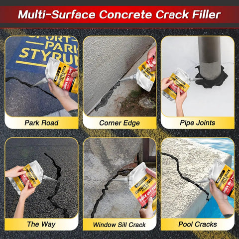 Kick Cracks To The Curb With Hardened Asphalt Crack Sealant Self Leveling Concrete Filler Waterproof Driveway Patch Repair Patio Walkway Joint Sealer Five Pound Pack applied on various concrete surfaces.
