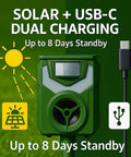 Solar Ultrasonic Animal Repeller With 110 Degree PIR Motion Sensor, 5 Modes, IP44 Weatherproof, LED Strobe And 90 dB Alarm, USB C Rechargeable, Repels Cats, Dogs, Deer, Squirrels, Raccoons And Birds showing solar and USB-C charging