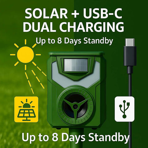 Solar Ultrasonic Animal Repeller With 110 Degree PIR Motion Sensor, 5 Modes, IP44 Weatherproof, LED Strobe And 90 dB Alarm, USB C Rechargeable, Repels Cats, Dogs, Deer, Squirrels, Raccoons And Birds showing solar and USB-C charging